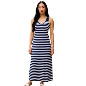 Striped Tank Maxi Dress, M, Spandex, Cream & Navy. Summer Beach Coastal